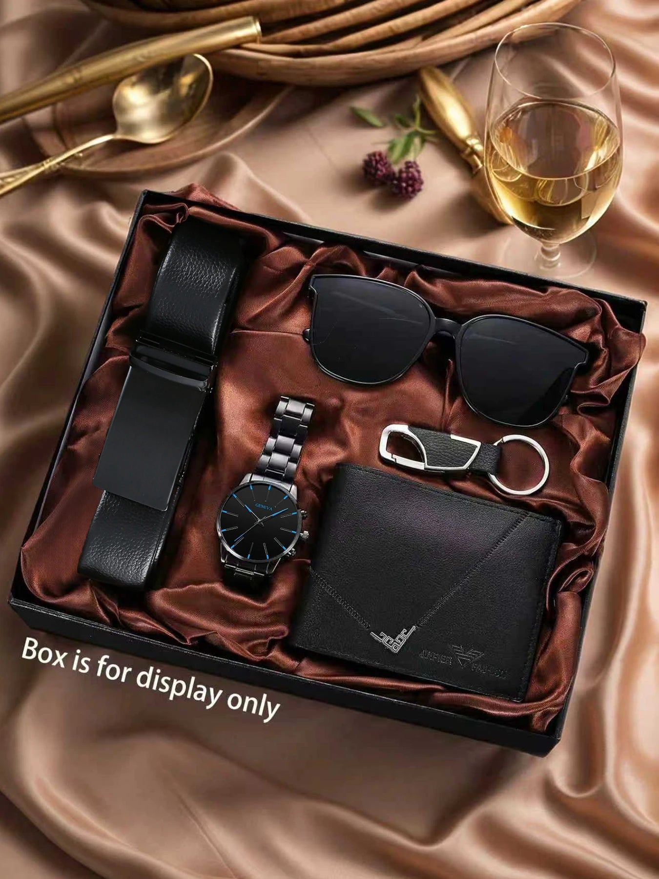 Memories but Unique men's gift set including wallet, belt, quartz watch, and sunglasses, ideal for Father's Day or special occasions.