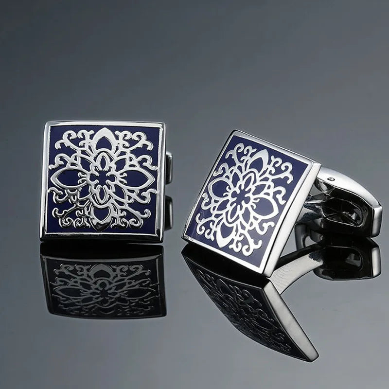 Luxury blue retro metal cufflinks for men featuring French square design, ideal for formal shirts and wedding jewelry.