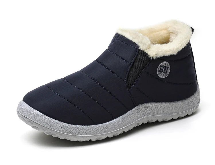 Men's waterproof slip-on winter boots with fur lining, ankle design, and rugged soles, ideal for snow and cold weather.