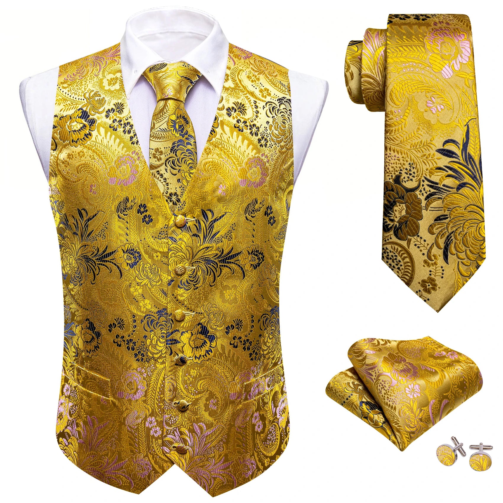 Barry.Wang 100-color silk men's vest tie hanky cufflinks set featuring paisley floral jacquard waistcoat for wedding or business.