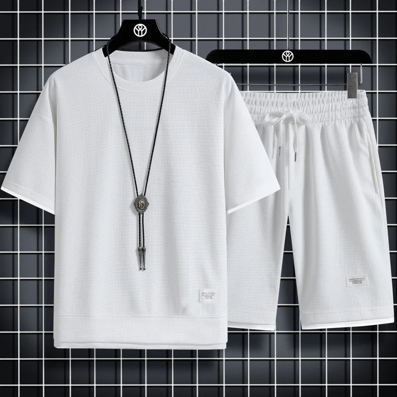 Men's summer waffle two-piece shorts and short sleeve tracksuit set by Memories but Unique, featuring casual, comfortable, and oversized design.