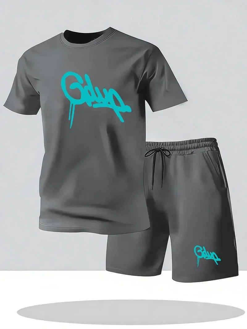 Men's sports shorts and short sleeve T-shirt set by Memories but Unique, featuring breathable fabric and a casual, retro style.
