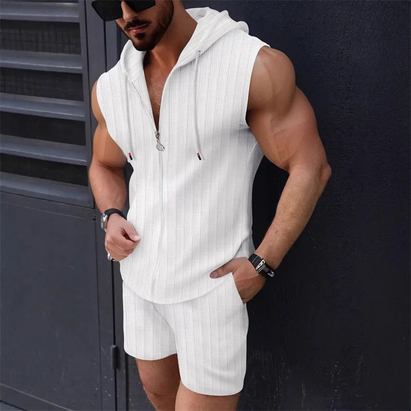 Men's sleeveless plaid zipper vest and shorts set in five colors, slim fit casual sportswear by ShineOn Fulfillment.