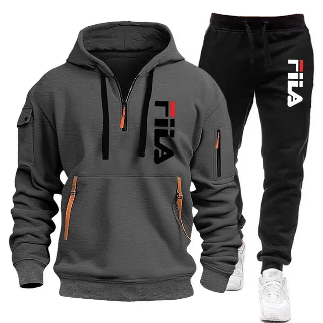 Two sets of Memories but Unique men's sportswear including zippered hooded sweatshirts and sweatpants for casual fitness and jogging.