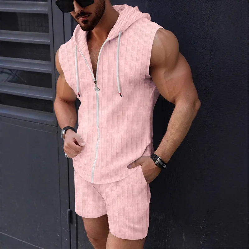Men's sleeveless hooded plaid vest and shorts set in five colors, slim casual sportswear by ShineOn Fulfillment.