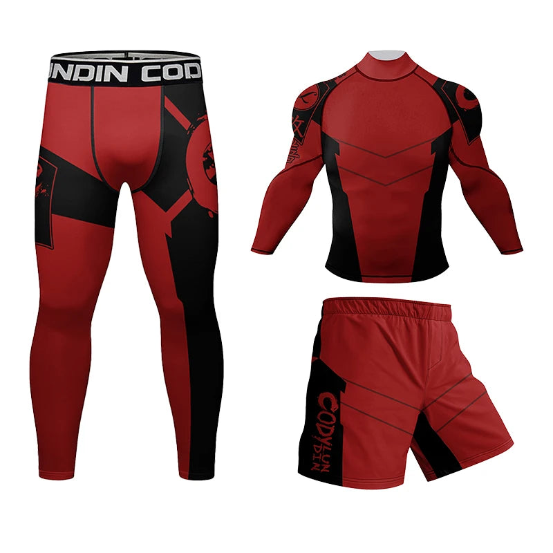 Four-piece BJJ rashguard shirts and compression pants set for men by Memories but Unique, designed for grappling and martial arts training.