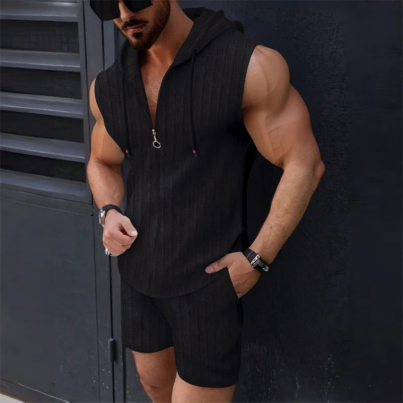 Men's sleeveless plaid zipper vest and shorts set in five colors, slim fit casual sports two-piece from ShineOn Fulfillment