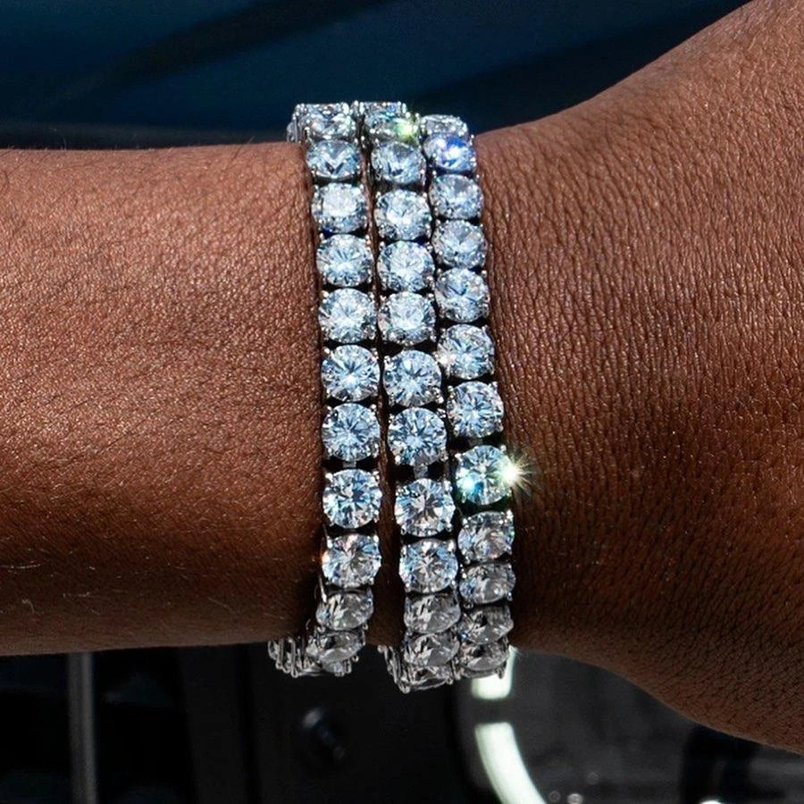 ShineOn Fulfillment iced-out hip-hop tennis bracelet for men with cubic zirconia, 3/4/5mm crystal chain on male hand, streetwear jewelry