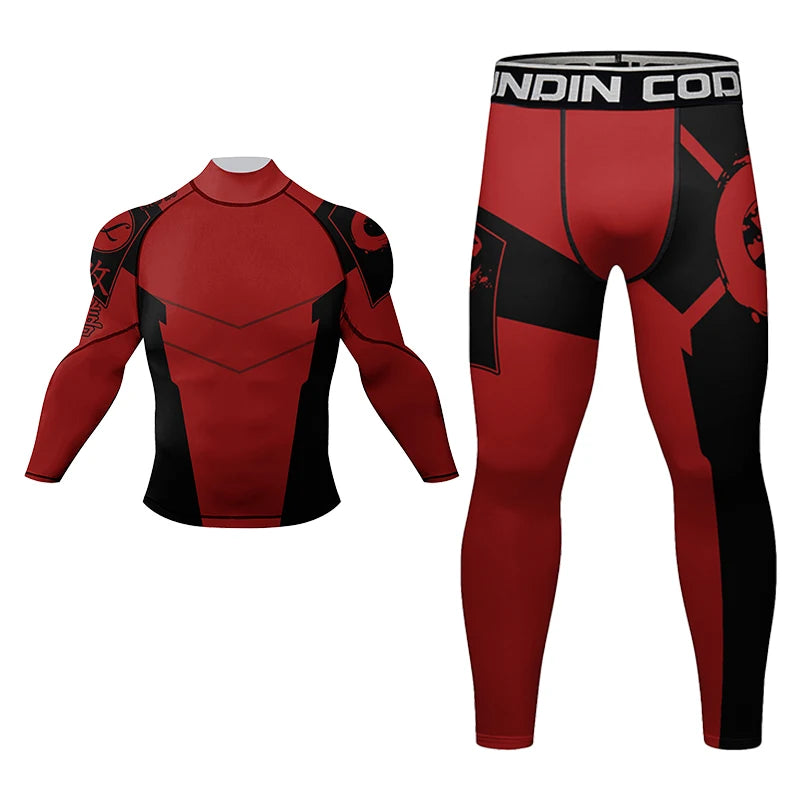 Four-piece BJJ rashguard set for men by Memories but Unique, featuring grappling compression shirts and pants for sports and training.