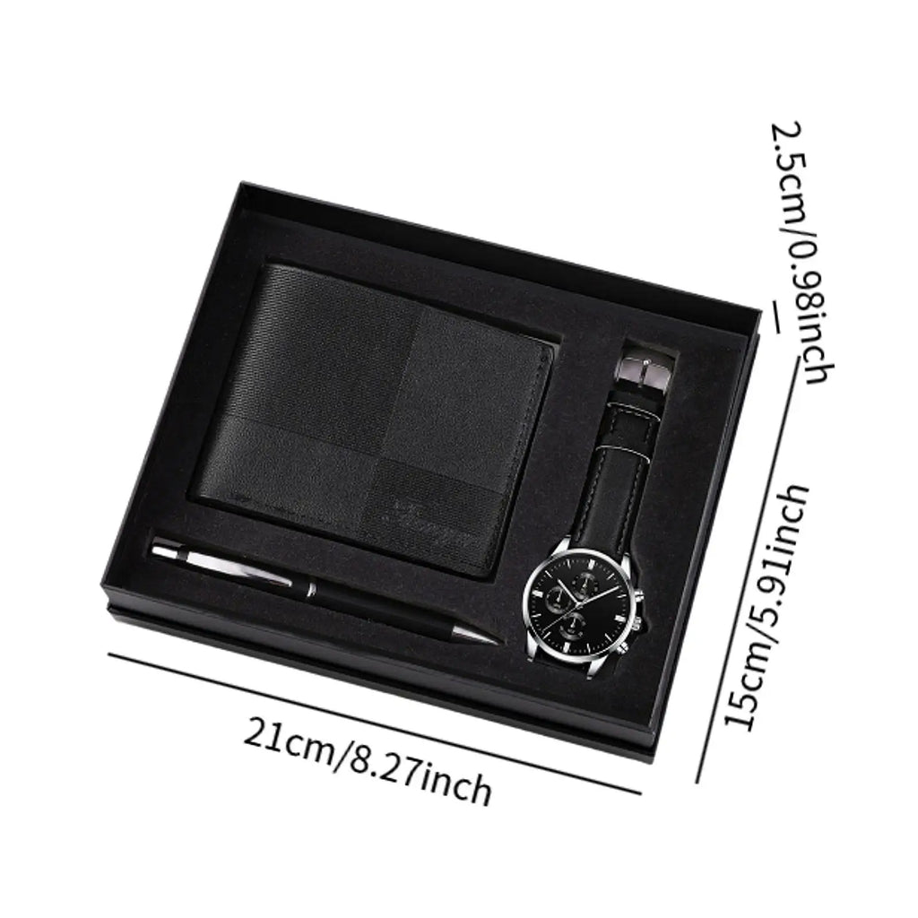 Men's gift set by Memories but Unique featuring a watch, wallet, and pen for holiday or anniversary celebration.