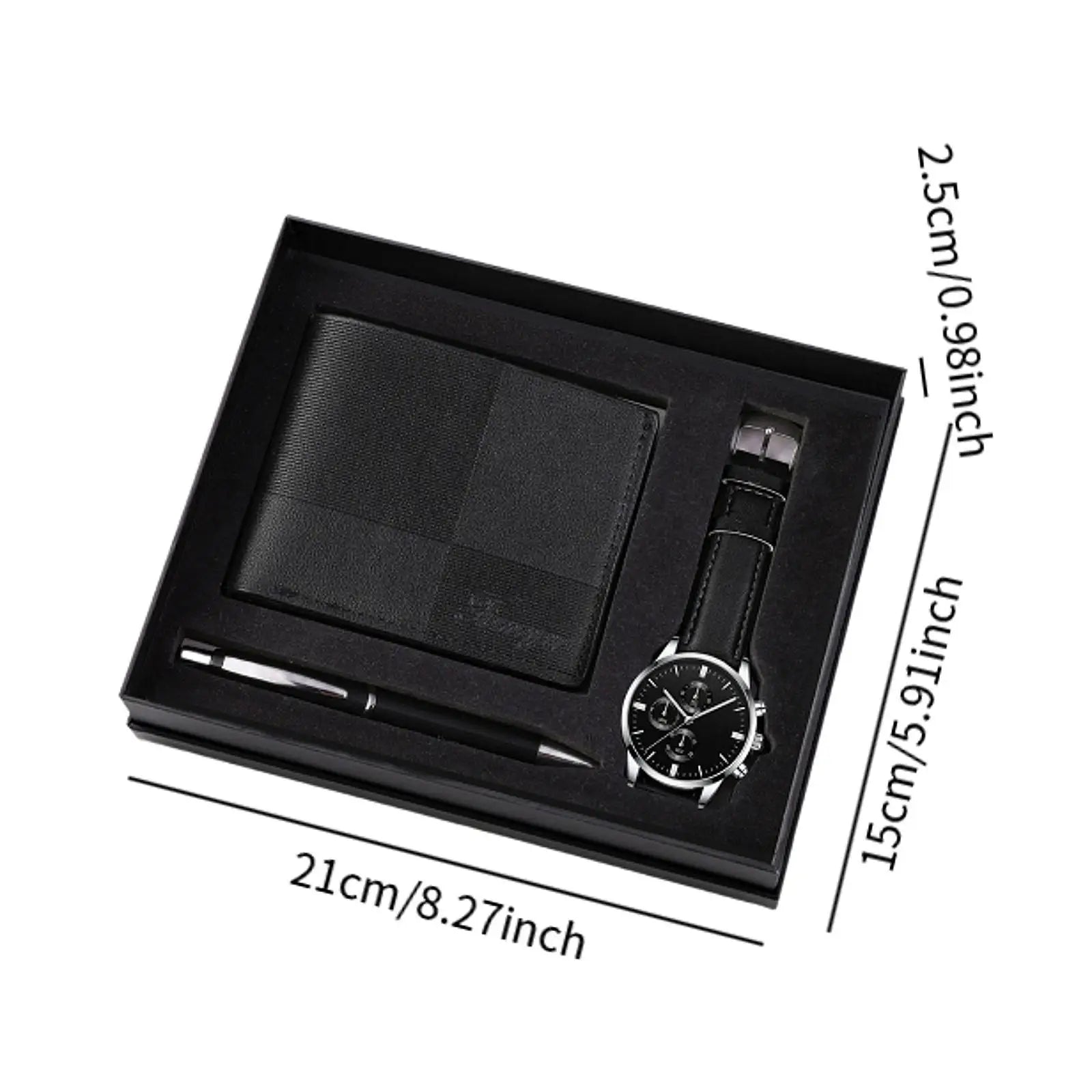 Men's gift set by Memories but Unique featuring a watch, wallet, and pen for holiday or anniversary celebration.