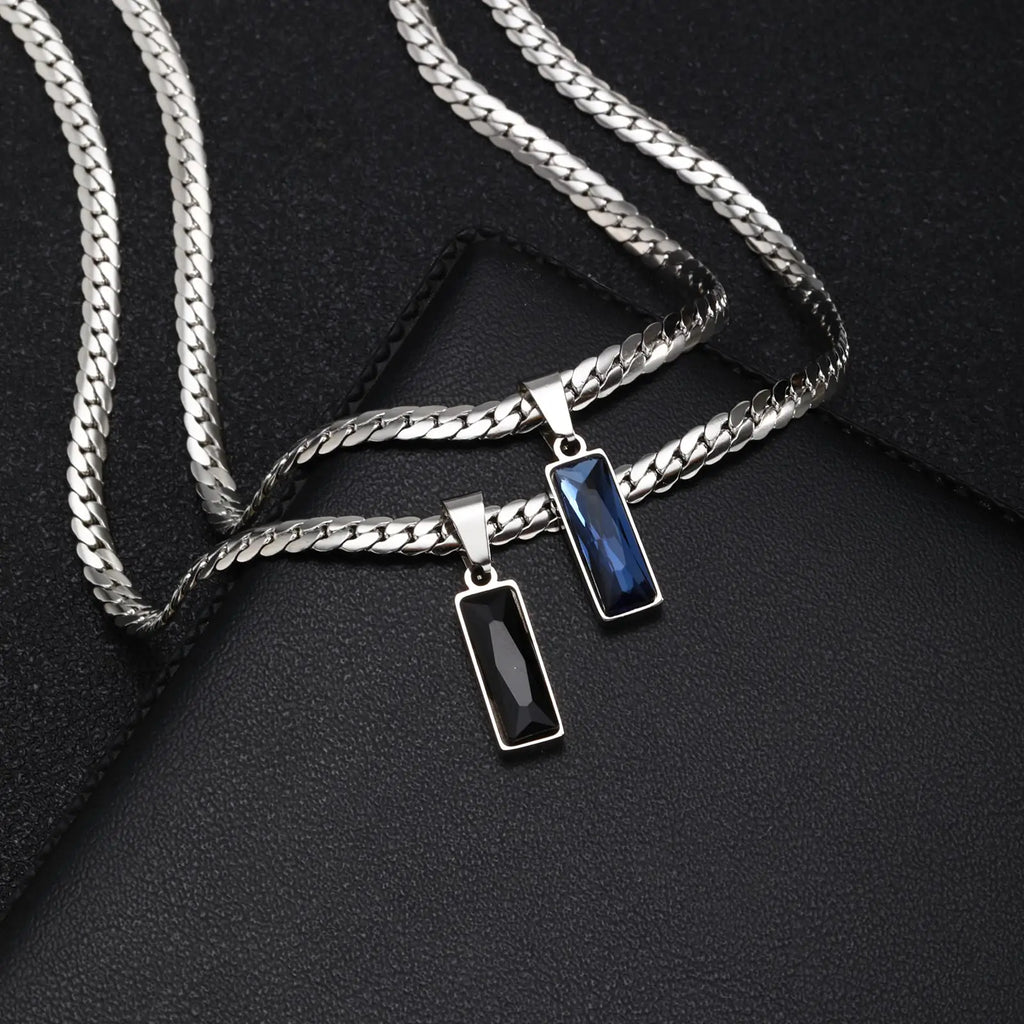 Stylish men's geometric stone pendant necklace with stainless steel Cuban chain, hip hop jewelry gift for him or boys.