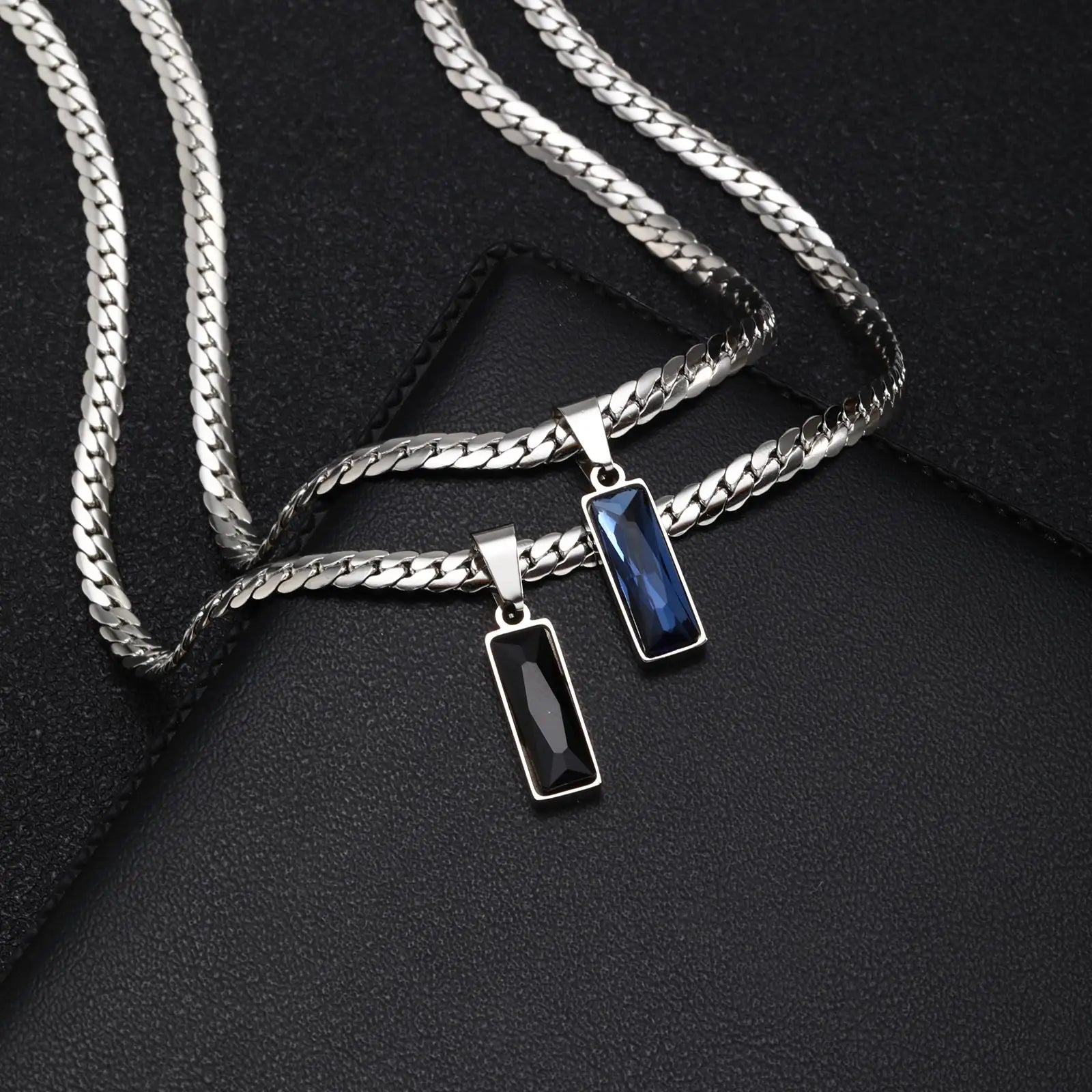 Stylish men's geometric stone pendant necklace with stainless steel Cuban chain, hip hop jewelry gift for him or boys.