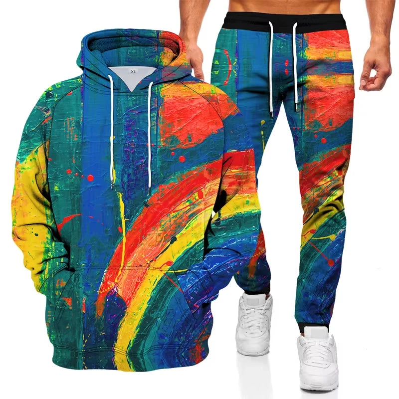 Ink graffiti style 3D printed autumn hoodie and sweatpants set for men, streetwear tracksuit with bold design, ShineOn Fulfillment.