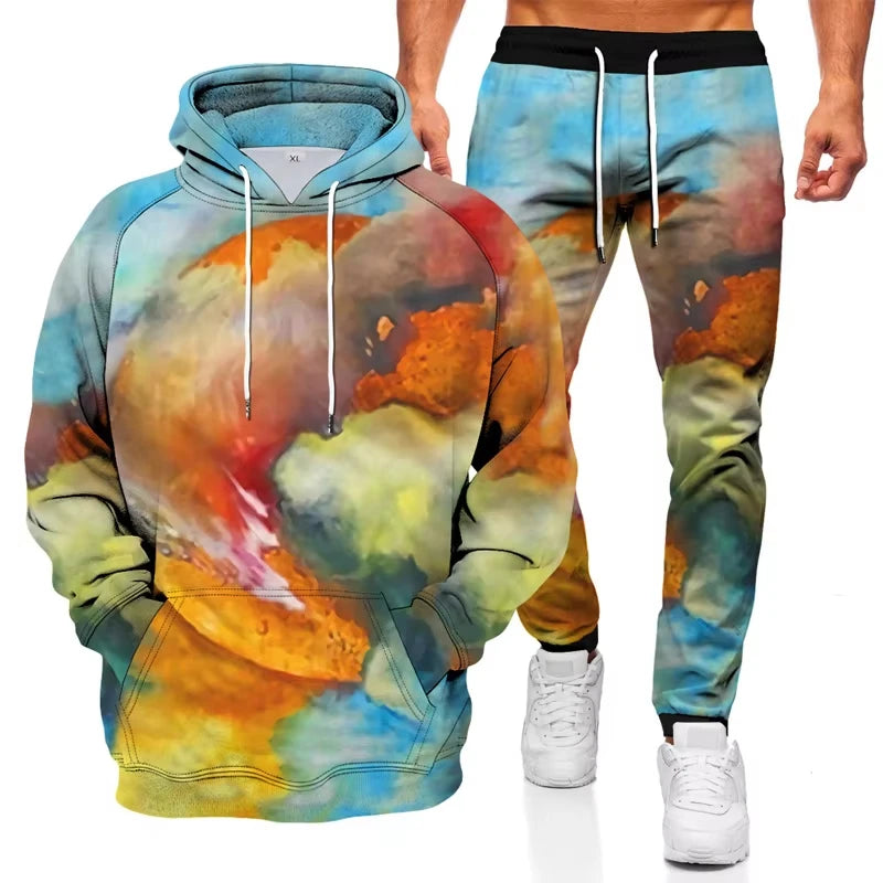 Ink graffiti style 3D printed autumn hoodie and sweatpants set for men, streetwear two-piece tracksuit by ShineOn Fulfillment