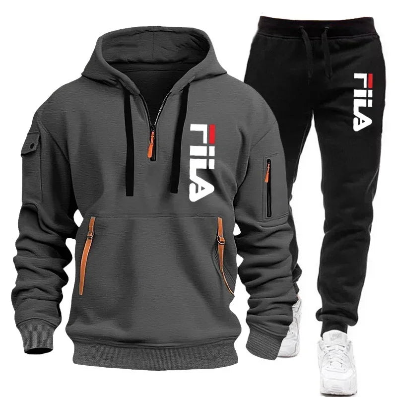 Two sets of men's sportswear including zip hooded sweatshirts and sweatpants by Memories but Unique, casual fitness and jogging apparel