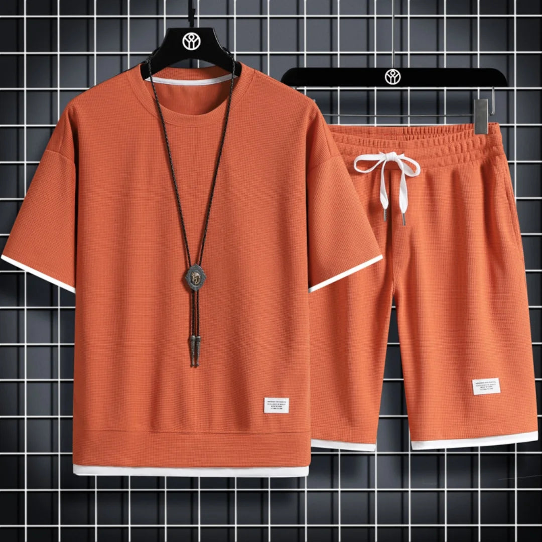 Memories but Unique men's summer waffle short sleeve and shorts two-piece set, casual sports tracksuit, comfortable and oversized.