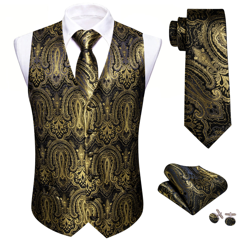 Barry.Wang 100-color silk men's vest tie and cufflink set featuring paisley floral jacquard waistcoat for wedding and business wear