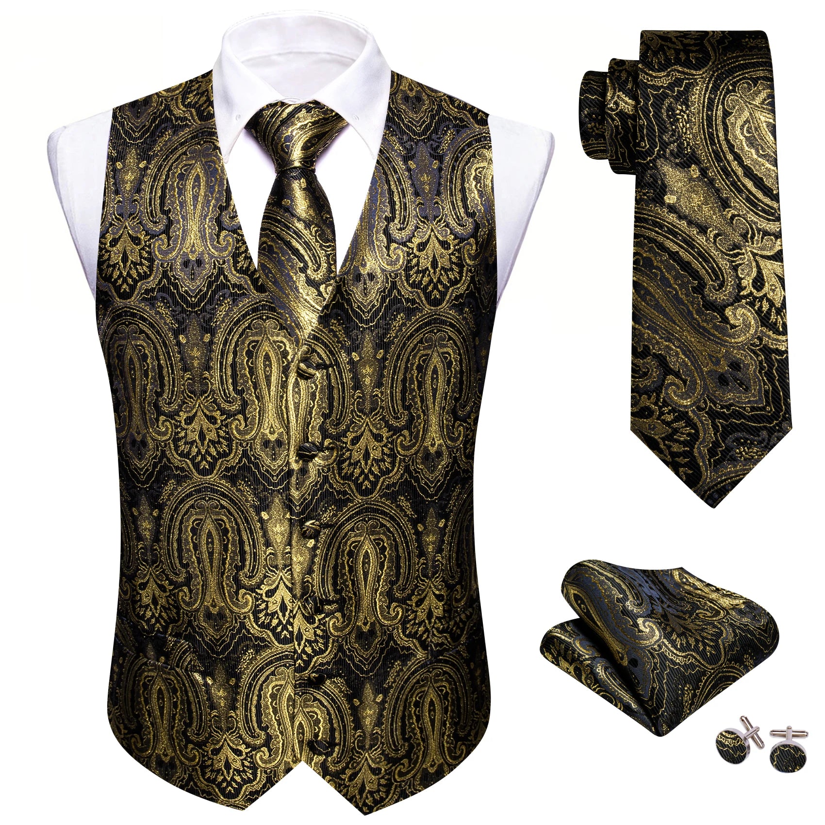 Barry.Wang 100-color silk men's vest tie and cufflink set featuring paisley floral jacquard waistcoat for wedding and business wear