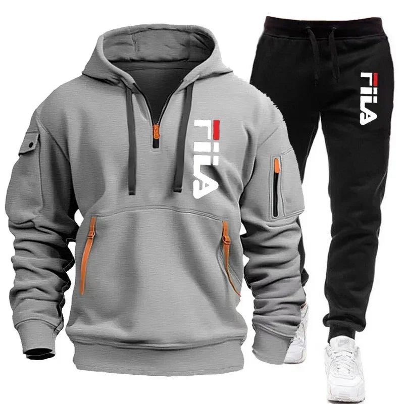 Two sets of Memories but Unique men's sportswear with zip hoodies and sweatpants, ideal for casual fitness and jogging.