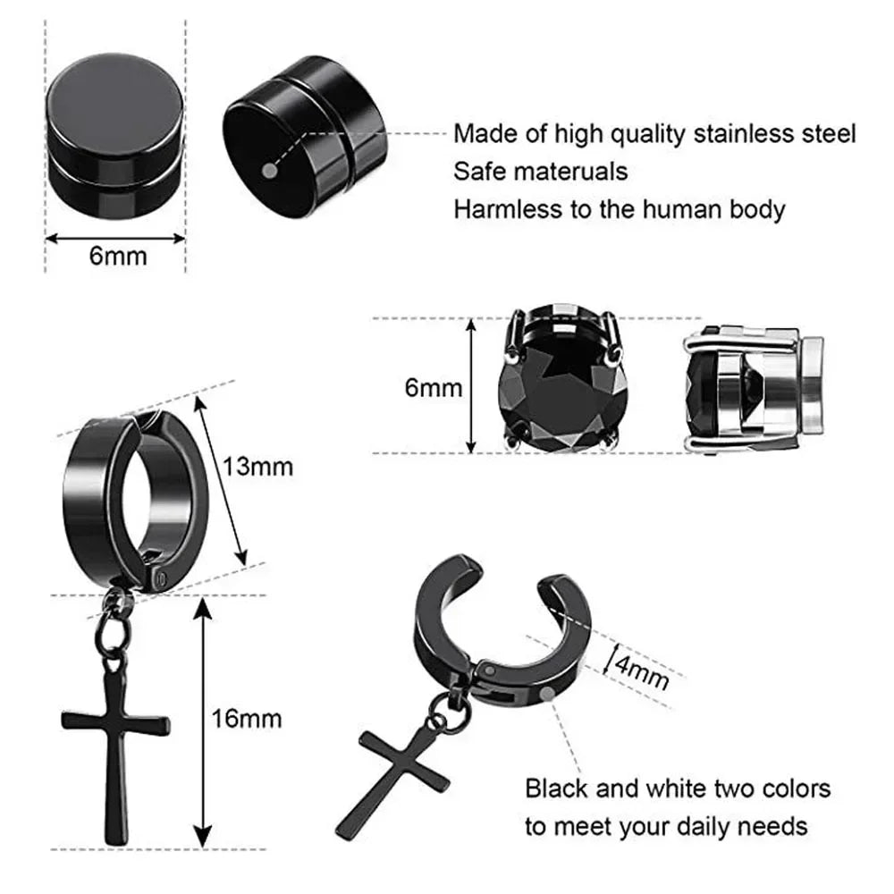 Two pairs of punk-style magnetic ear studs with cross designs, non-piercing earrings for men, by Memories but Unique.