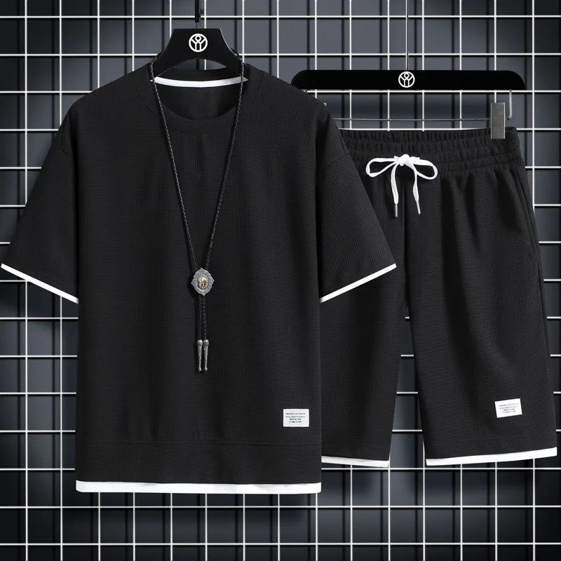 Comfortable men's summer waffle two-piece set with short sleeve shirt and shorts, casual sports tracksuit by Memories but unique.