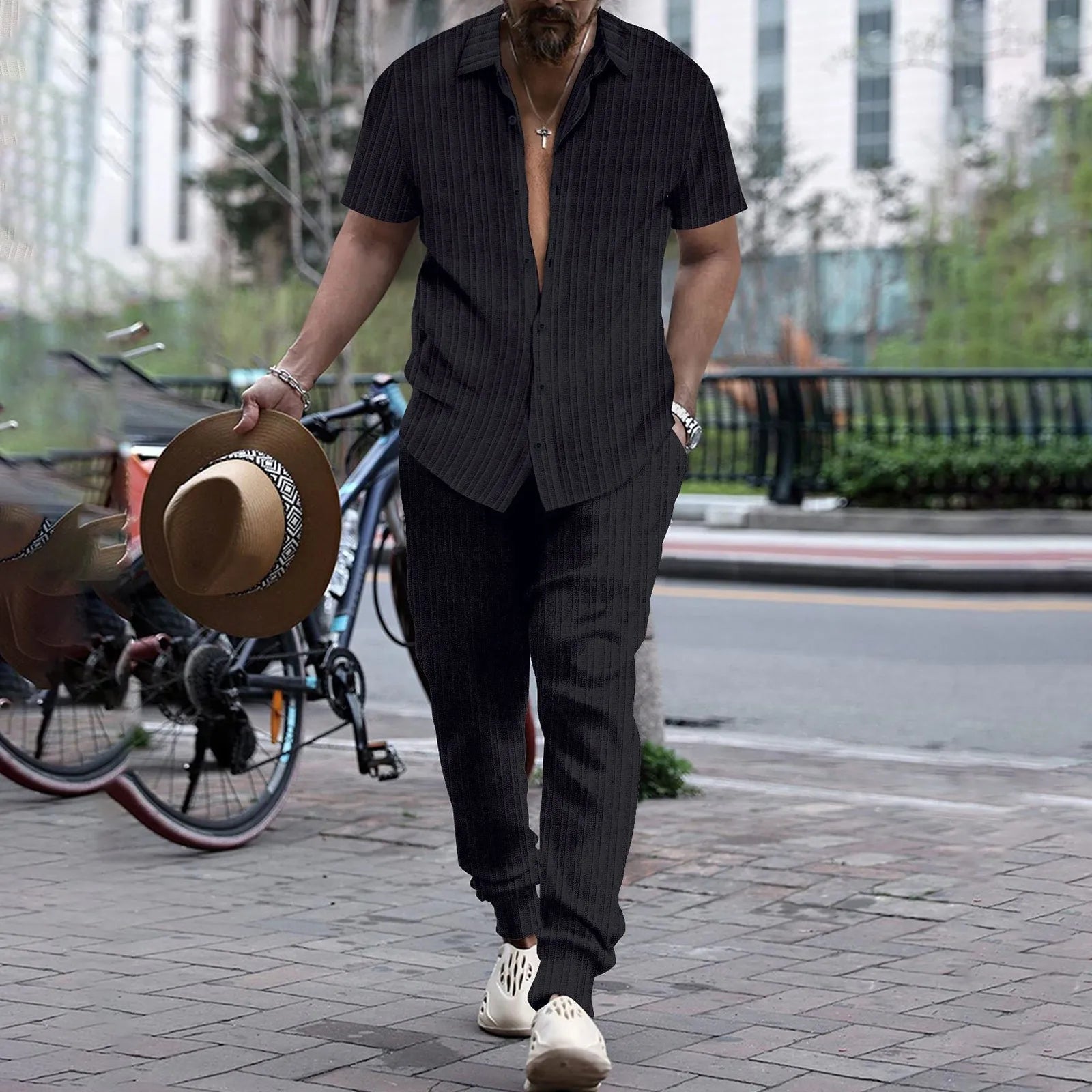 Casual men's short sleeve cardigan and blouse set with pants, summer beach suit, from Memories but Unique, stylish men's fashion ensemble.