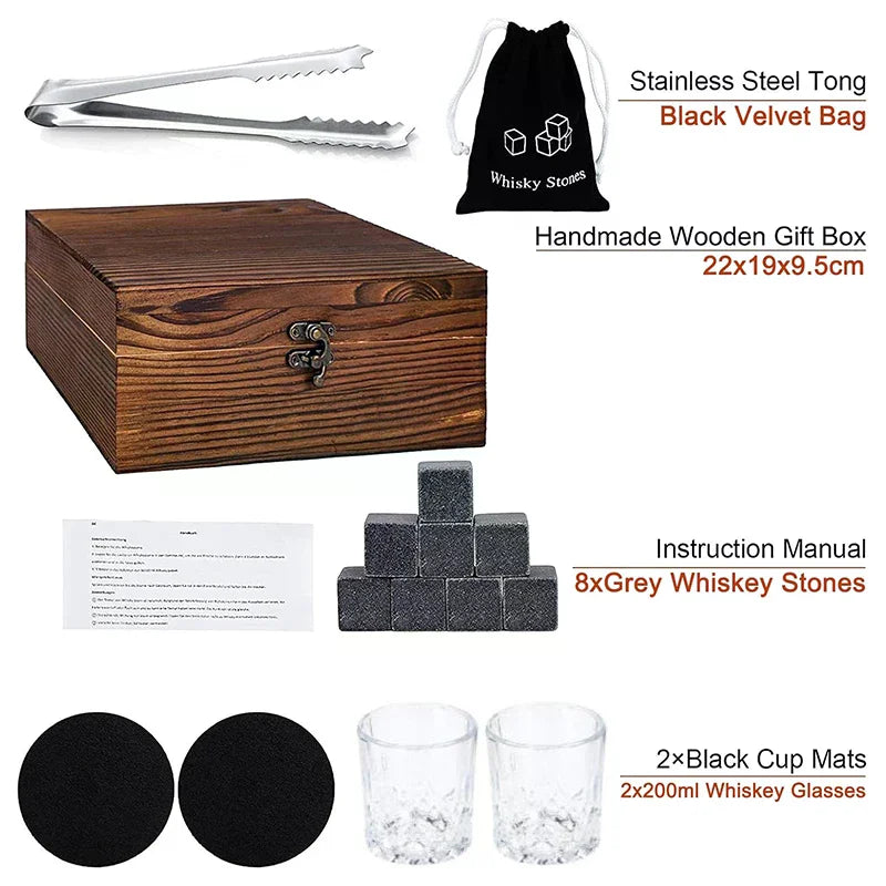 Memories but Unique whiskey stones set with 8 granite ice cubes, 2 glasses, and wooden box for Father's Day gift for men.