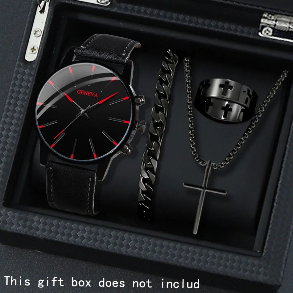 Set of four casual men's quartz watches with PU leather straps from Memories but unique, ideal gift for men.