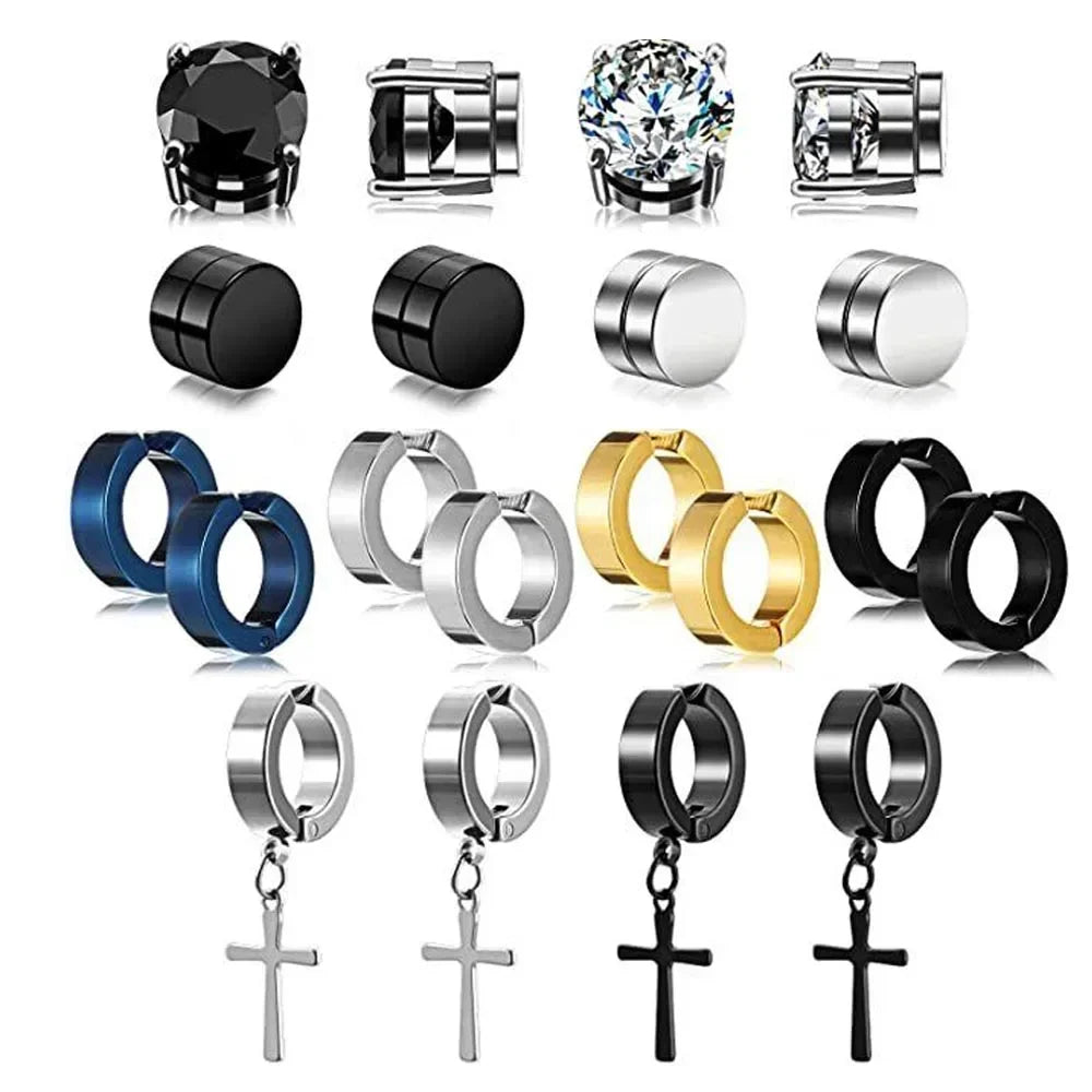 Two punk-style magnetic ear studs from Memories but Unique, featuring non-piercing cross design for men and boys.