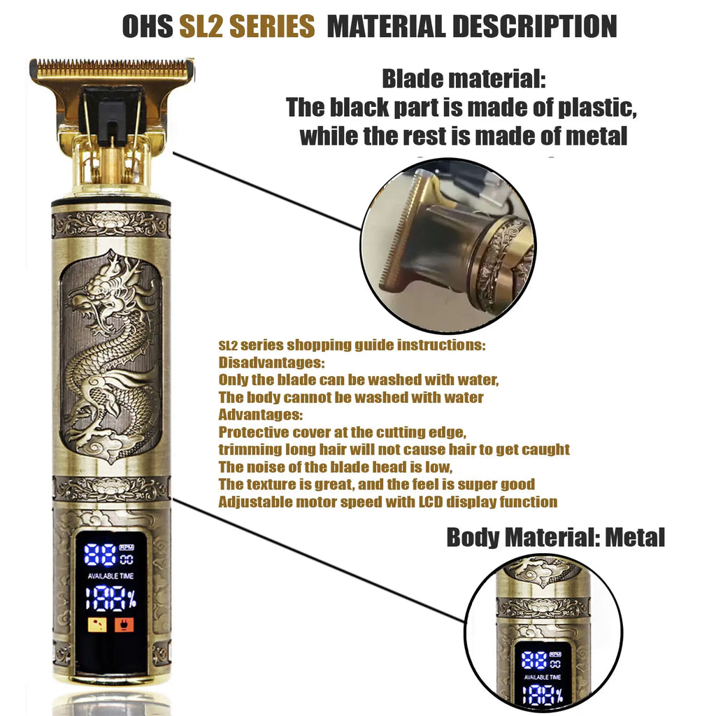 Memory but Unique T9 hair clipper and beard trimmer with electric shaver head, black body, and adjustable zero-gap blade for men.