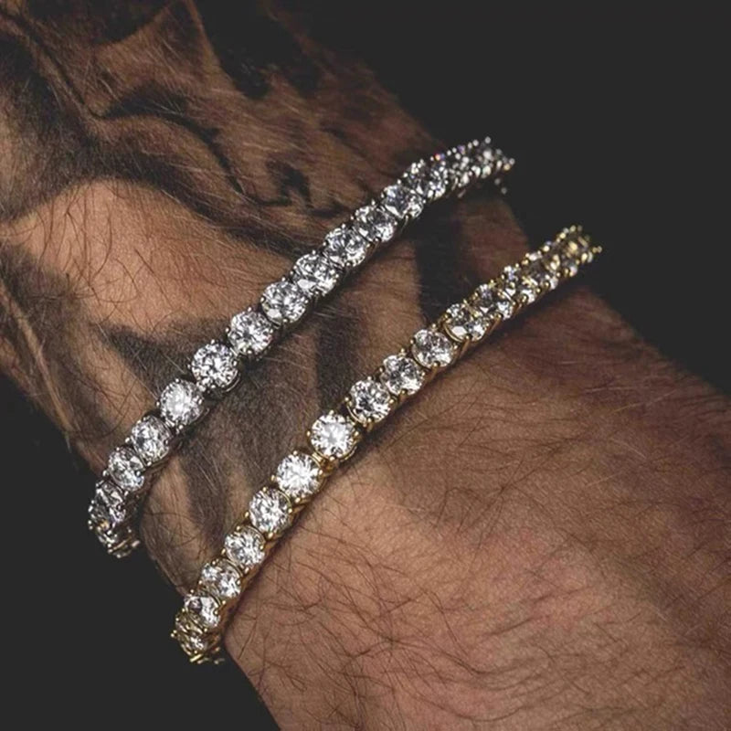 Men's iced out hip-hop tennis bracelet with cubic zirconia stones, 3/4/5mm crystal chain on male streetwear jewelry style