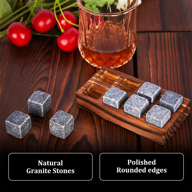 Memories but Unique whiskey stones set with 8 granite ice cubes, 2 glasses, and wooden box for Father's Day gift for men