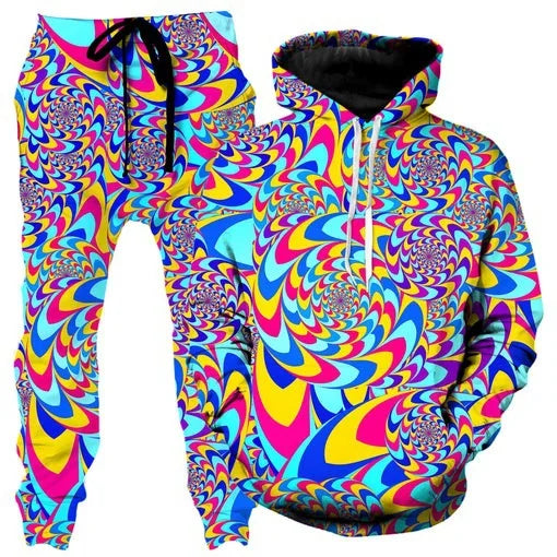 Colorful abstract mandala 3D print hoodie and sweatpants set for men, featuring vibrant designs and comfortable outdoor tracksuit style.