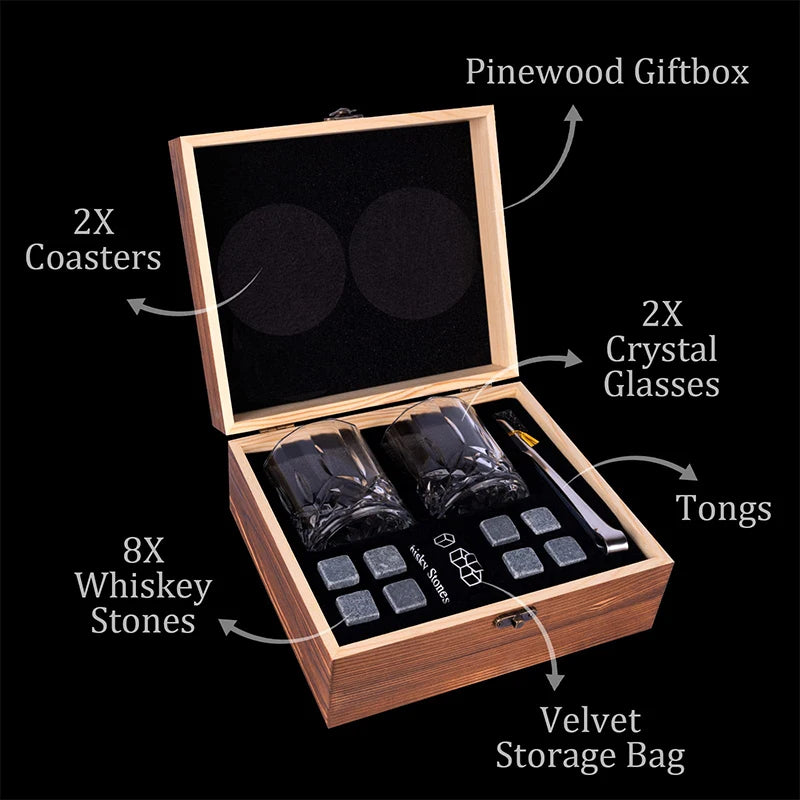 Set of 8 granite whiskey stones and 2 cups in a wooden box, ideal Father's Day gift for men by Memories but Unique.