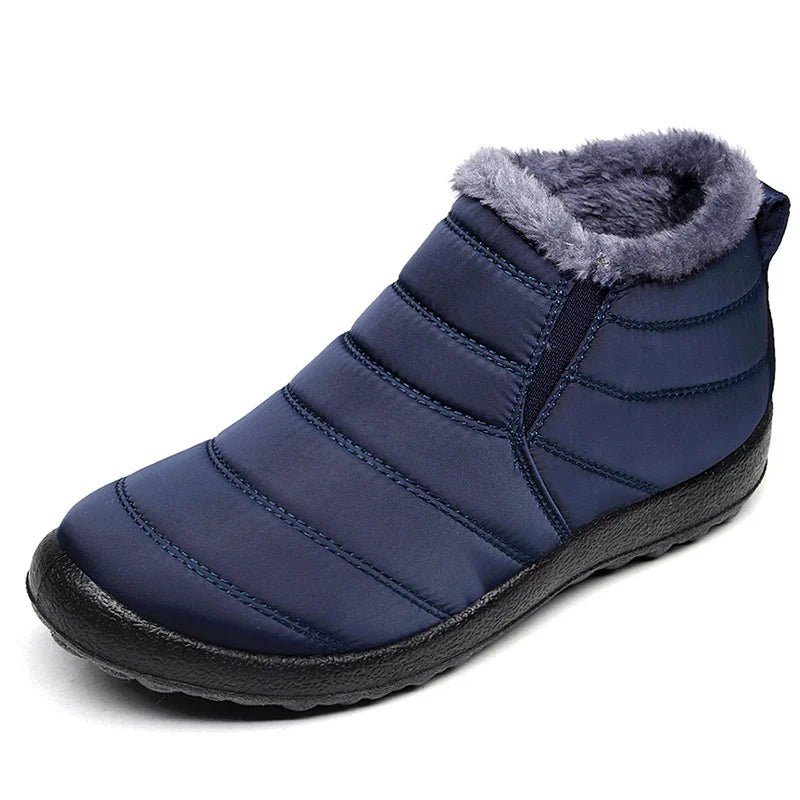 Men's winter slip-on ankle boots by Memories but Unique, waterproof fur-lined snow boots, designed for warmth and casual winter wear.
