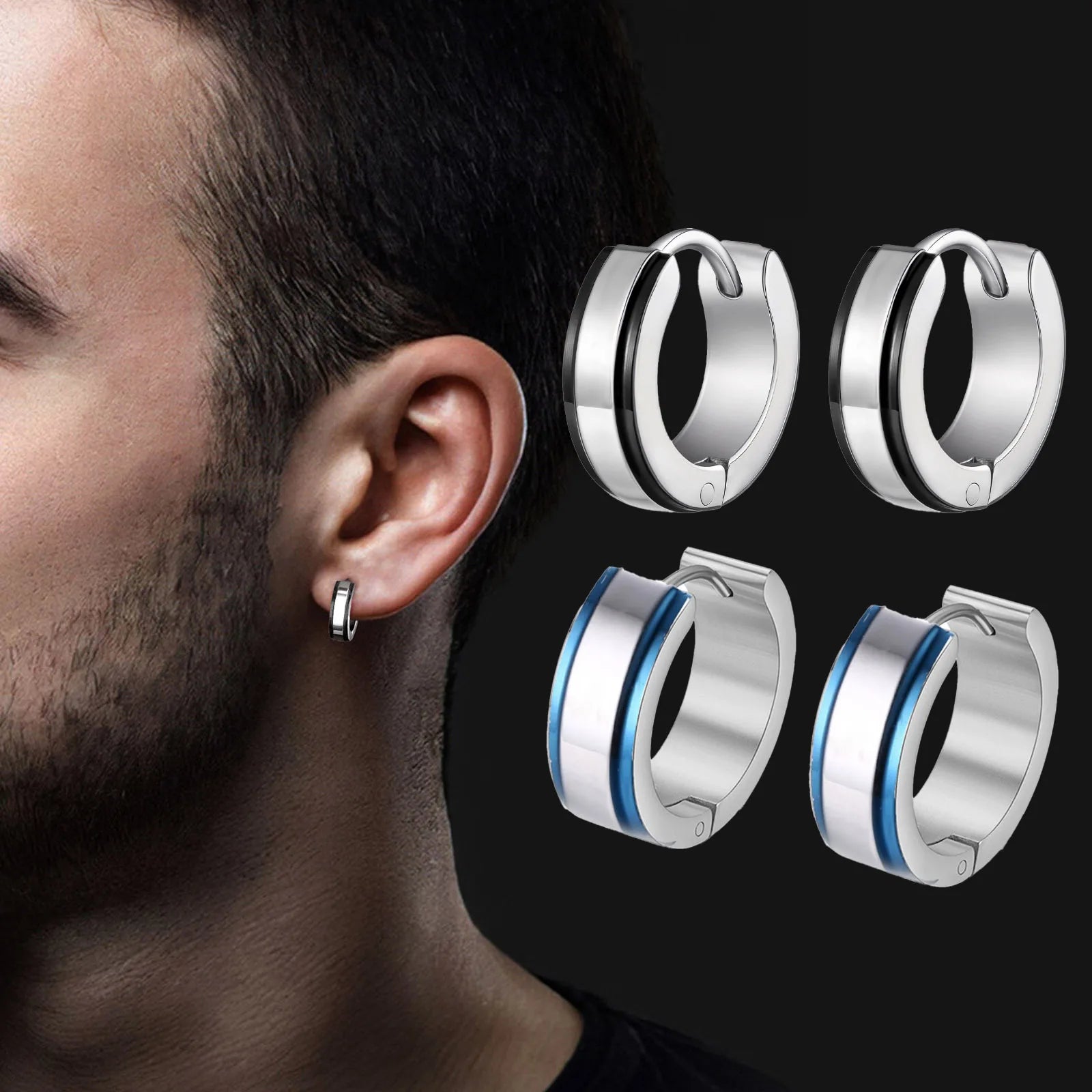 Simple men's stainless steel circle huggie earrings, casual jewelry with a sleek hoop design, by Memories but Unique.