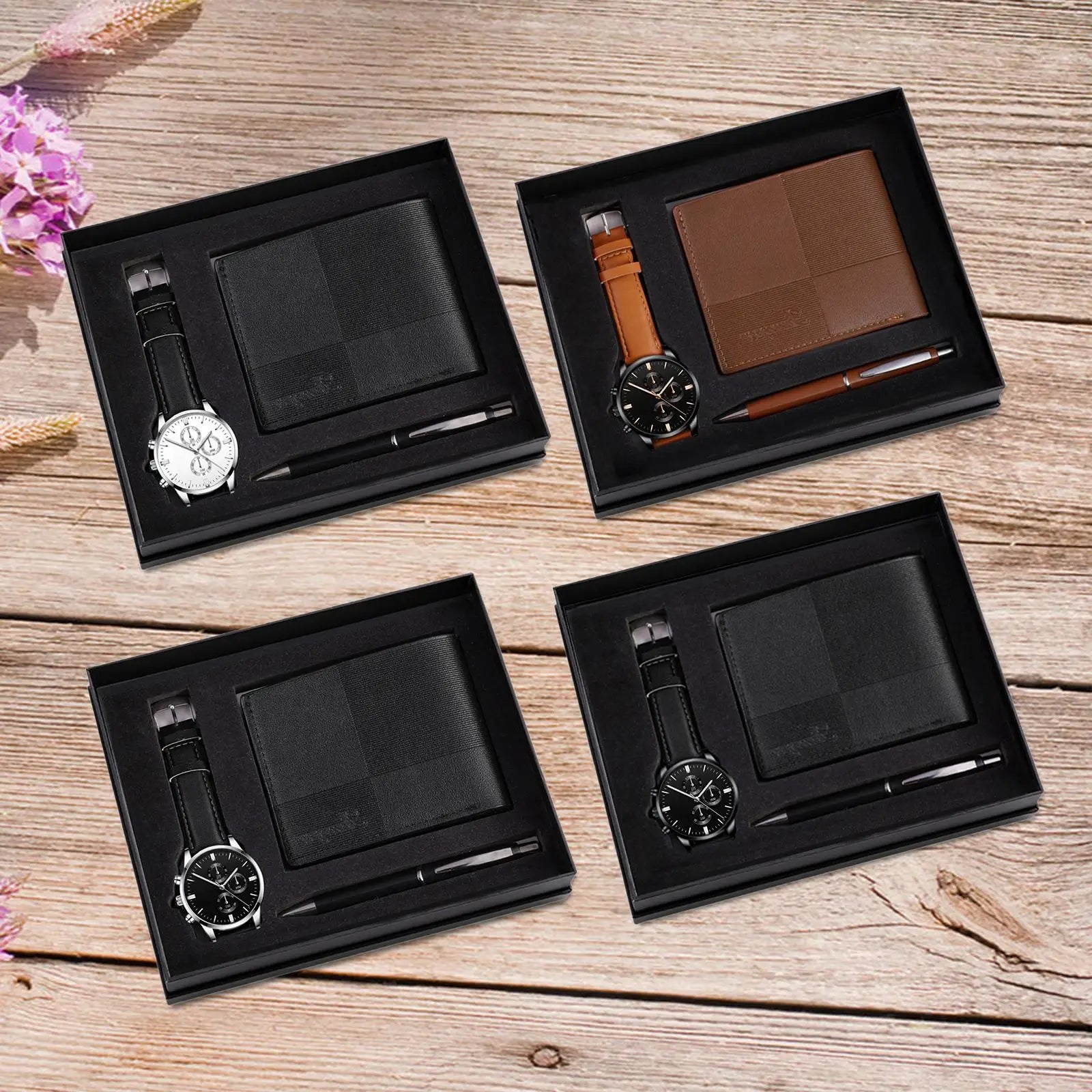 Men's gift set featuring a stylish watch, wallet, and pen from Memories but Unique, ideal for holidays and special occasions.
