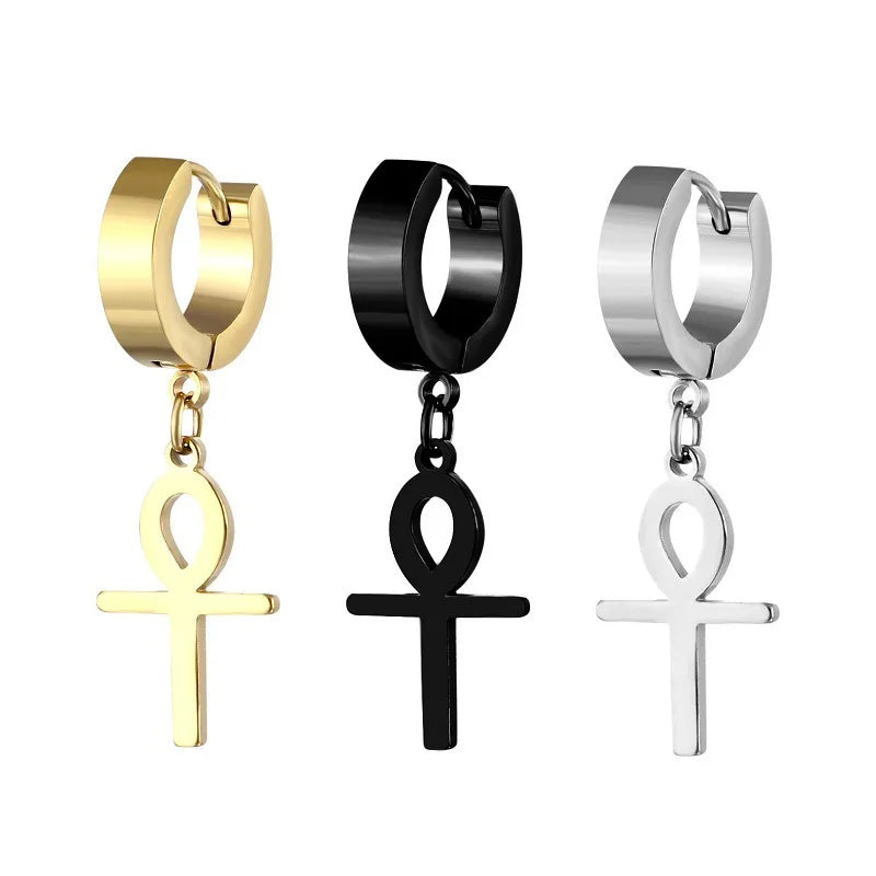 WKOUD men's and women's Egyptian Ankh cross earrings in antiqued black stainless steel with Cleopatra and Queen Ankara design.