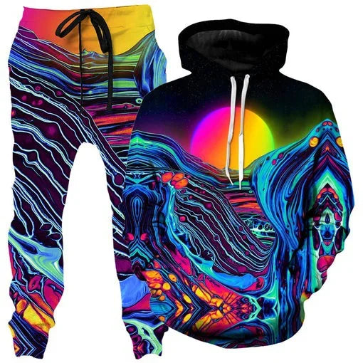 Colorful abstract mandala 3D print hoodie and sweatpants set for men, featuring vibrant designs from Memories but Unique.