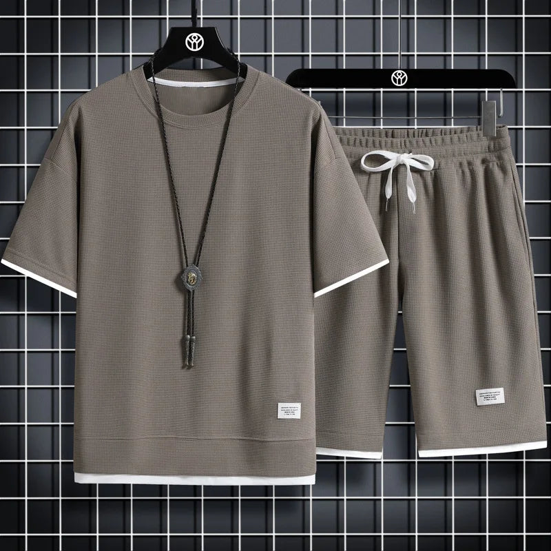 Men's summer waffle short sleeve and shorts two-piece set by Memories but unique, casual sports tracksuit with oversized, comfortable fit.