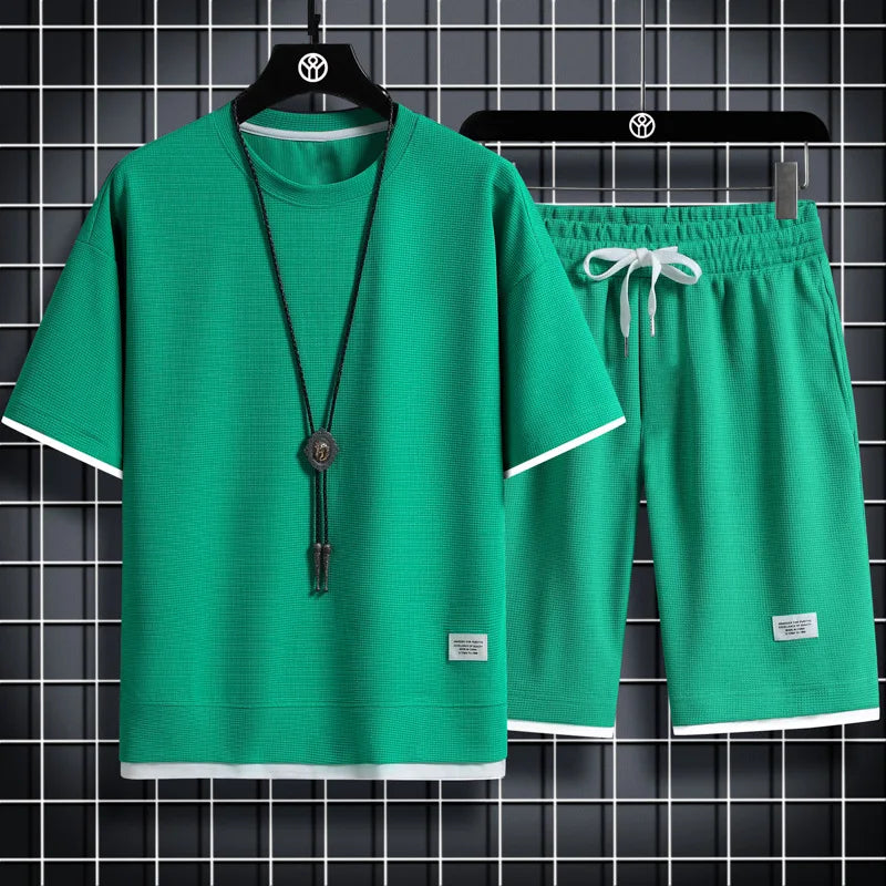 Men's summer two-piece waffle shorts and short sleeve tracksuit set by Memories but Unique, casual and comfortable sportswear.