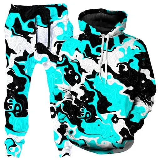 Colorful abstract mandala 3D print hoodie and sweatpants set for men, featuring vibrant designs from Memories but Unique.