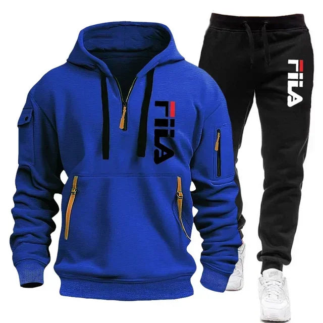 Pair of men's sportswear sets with zip hooded sweatshirt and sweatpants by Memories but Unique, designed for casual fitness and jogging.