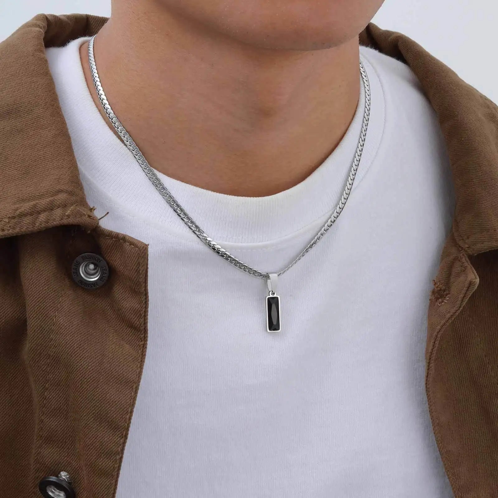 Stylish men's geometric stone pendant necklace with stainless steel flat Cuban chain, hip hop jewelry for men and boys.
