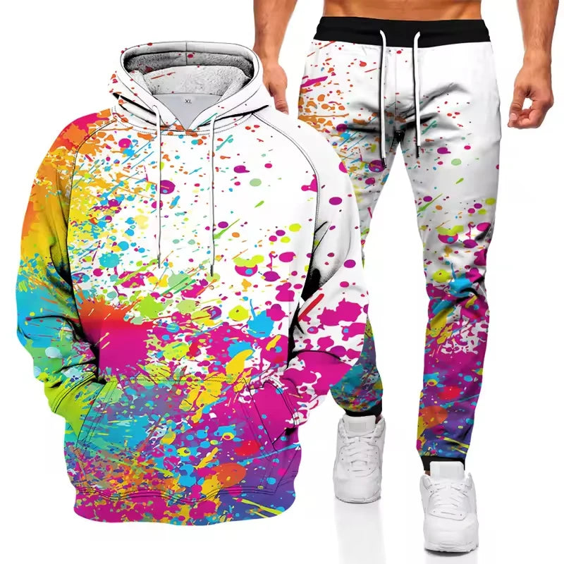 Ink graffiti style 3D printed autumn hoodie and sweatpants set for men, streetwear two-piece tracksuit from ShineOn Fulfillment.