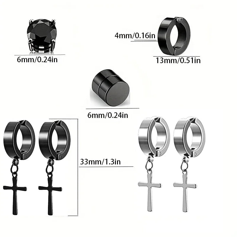 Two pairs of Memories but Unique punk magnetic ear studs, non-piercing cross earrings for men, stylish fake jewelry for boys.