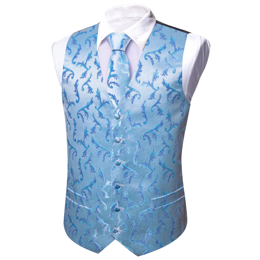 Barry.Wang silk men’s vest tie hanky cufflinks set featuring paisley floral jacquard waistcoat and sleeveless jacket for wedding or business.