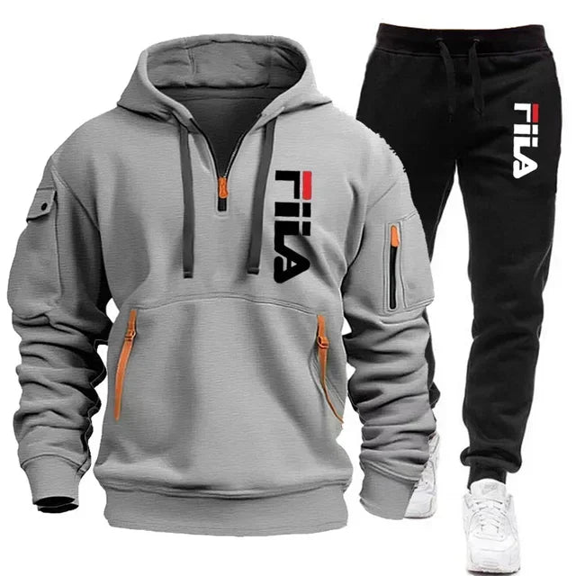 Two sets of fashionable men's sportswear including zippered hooded sweatshirt and sweatpants for casual fitness and jogging by Memories but Unique
