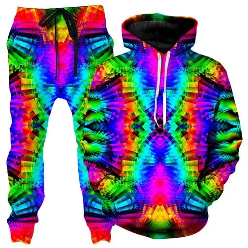 Colorful abstract mandala 3D print hoodie and sweatpants set for men, featuring vibrant design and comfortable fit by Memories but Unique.